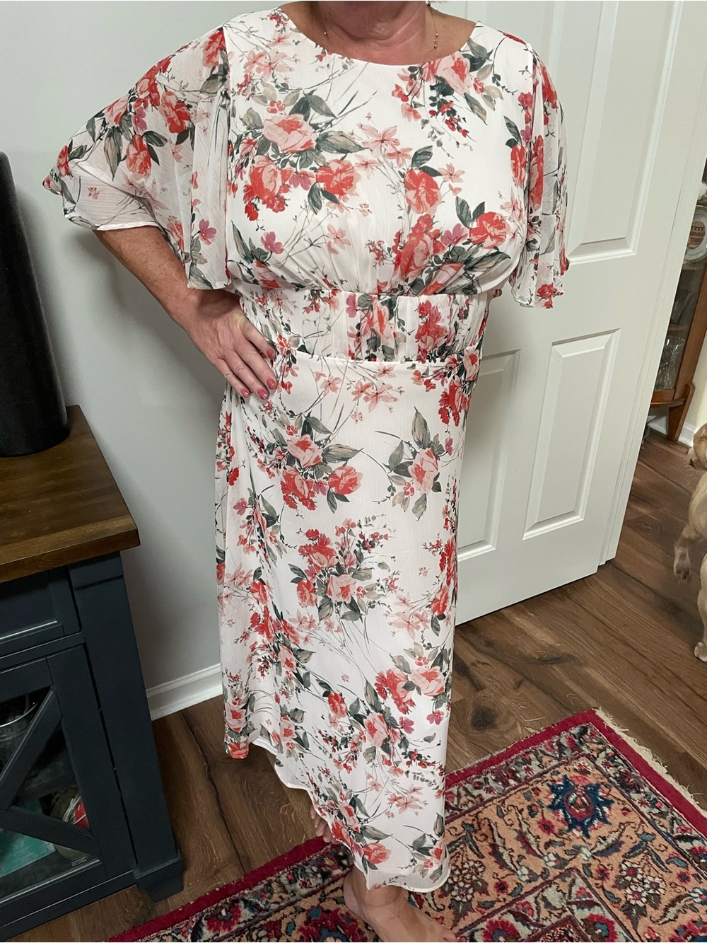 Calvin Klein Floral Flutter Sleeve Midi Dress in Blush Pink